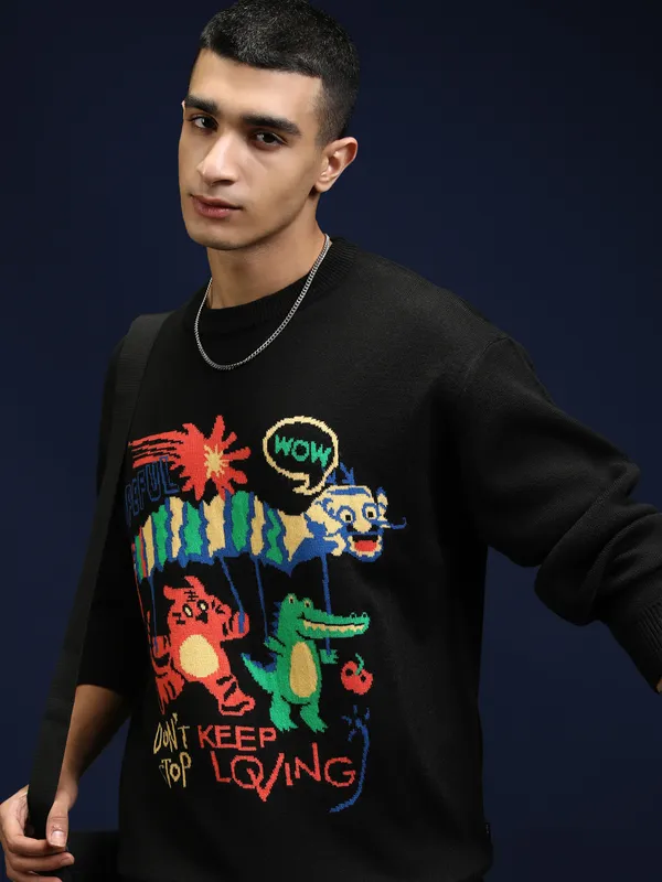 Highlander Men Black Round Neck Pullover Sweater