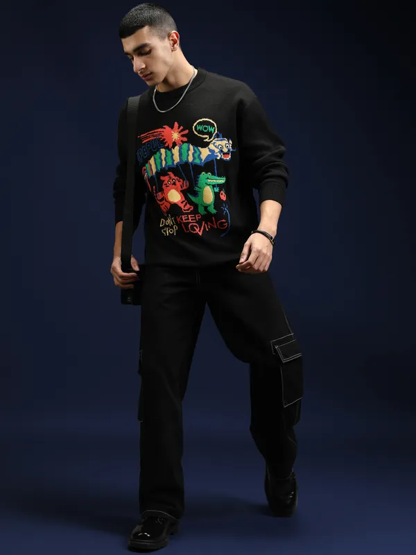 Highlander Men Black Round Neck Pullover Sweater