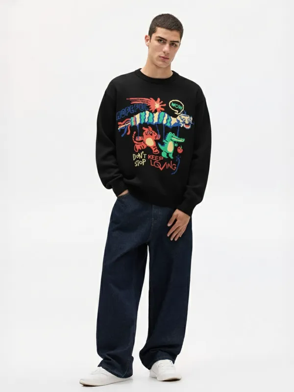 Highlander Men Black Round Neck Pullover Sweater