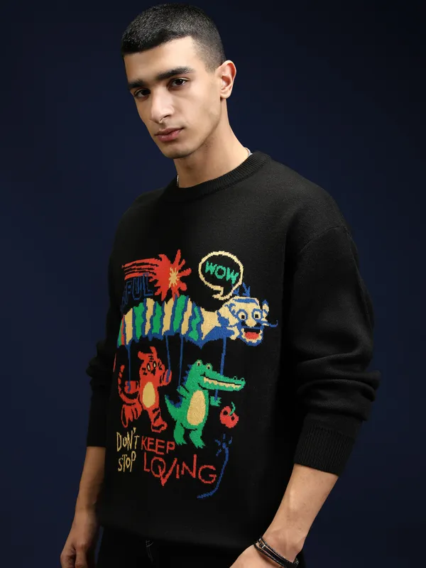 Highlander Men Black Sweater Round Neck Sweater