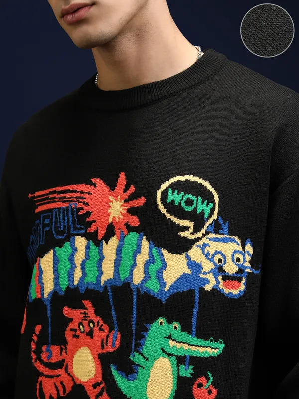 Highlander Men Black Sweater Round Neck Sweater