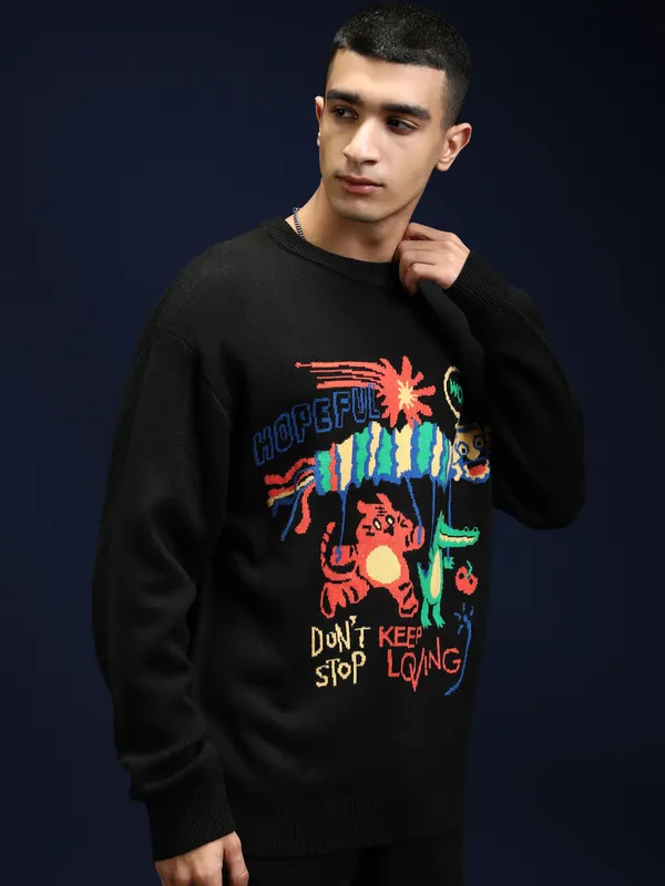 Highlander Men Black Sweater Round Neck Sweater