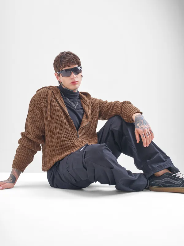 Highlander Men Brown Hood Front-Open Sweater