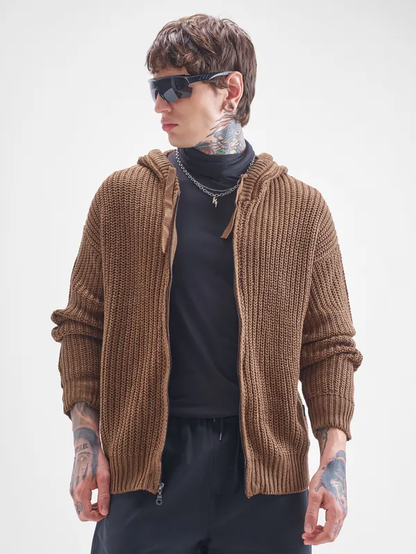 Highlander Men Brown Hood Front-Open Sweater