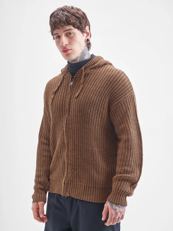 Highlander Men Brown Hood Front-Open Sweater