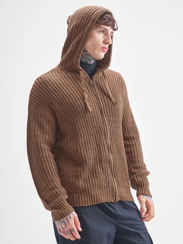 Highlander Men Brown Hood Front-Open Sweater