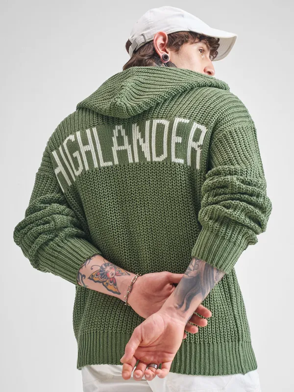 Highlander Men Green Hood Front-Open Sweater