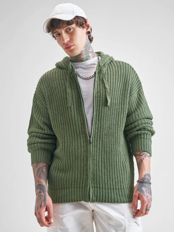 Highlander Men Green Hood Front-Open Sweater
