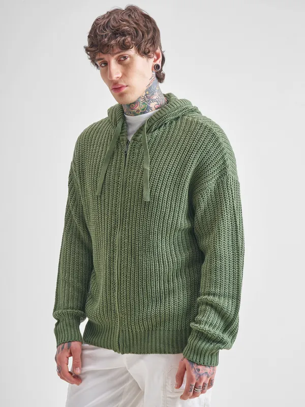 Highlander Men Green Hood Front-Open Sweater