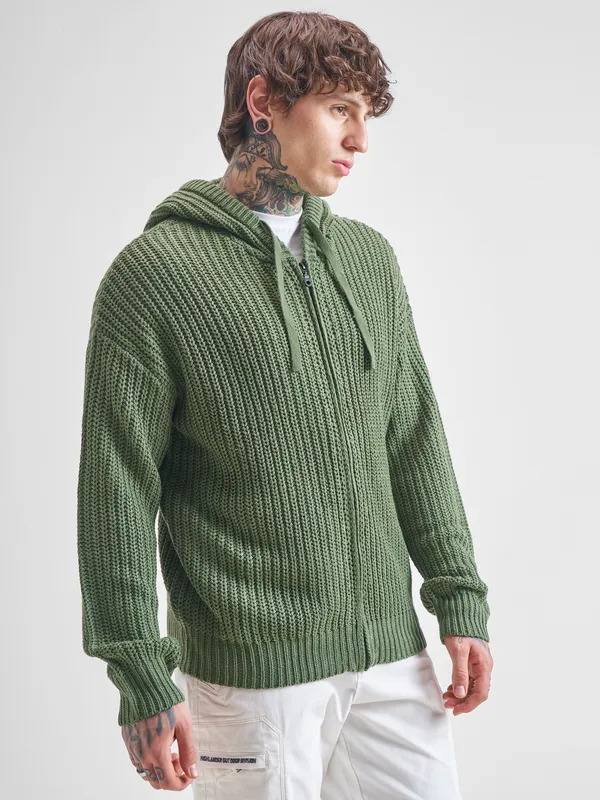 Highlander Men Green Hood Front-Open Sweater