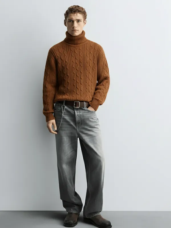 Highlander Men Brown Turtle Neck Pullover Sweater