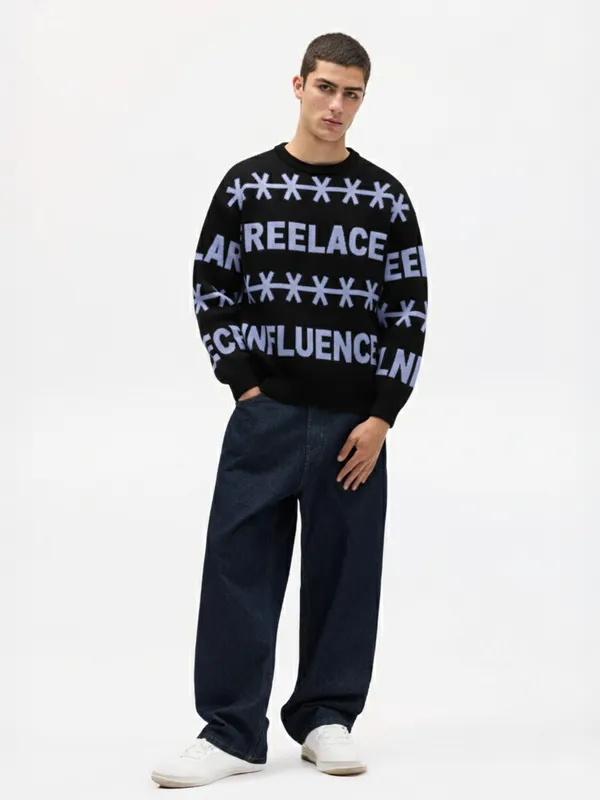 Highlander Men Black Round Neck Pullover Sweater