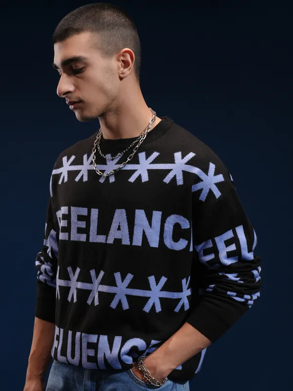 Highlander Men Black Round Neck Pullover Sweater