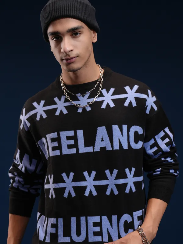 Highlander Men Black Round Neck Pullover Sweater