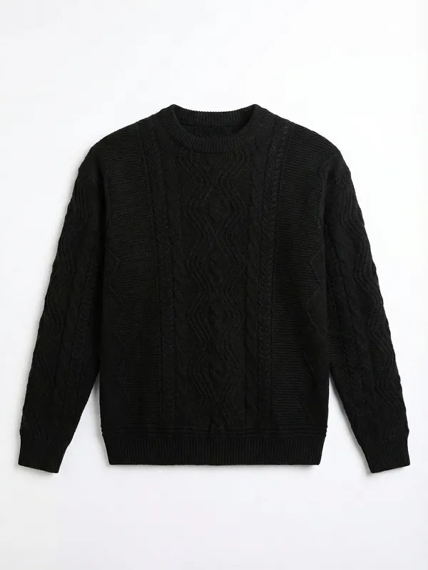 Highlander Men Black Round Neck Pullover Sweater