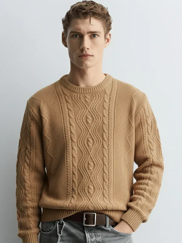 Highlander Men Tan Round Neck Pullover Sweater