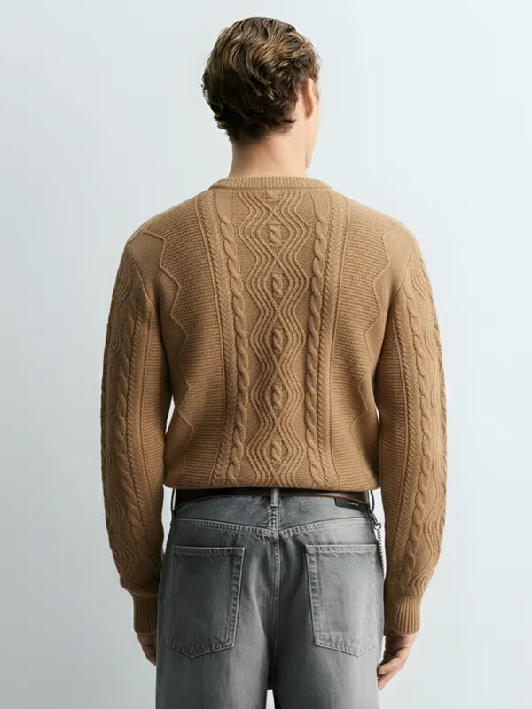 Highlander Men Tan Round Neck Pullover Sweater