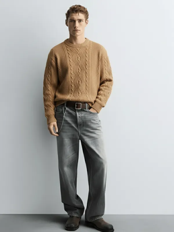 Highlander Men Tan Round Neck Pullover Sweater