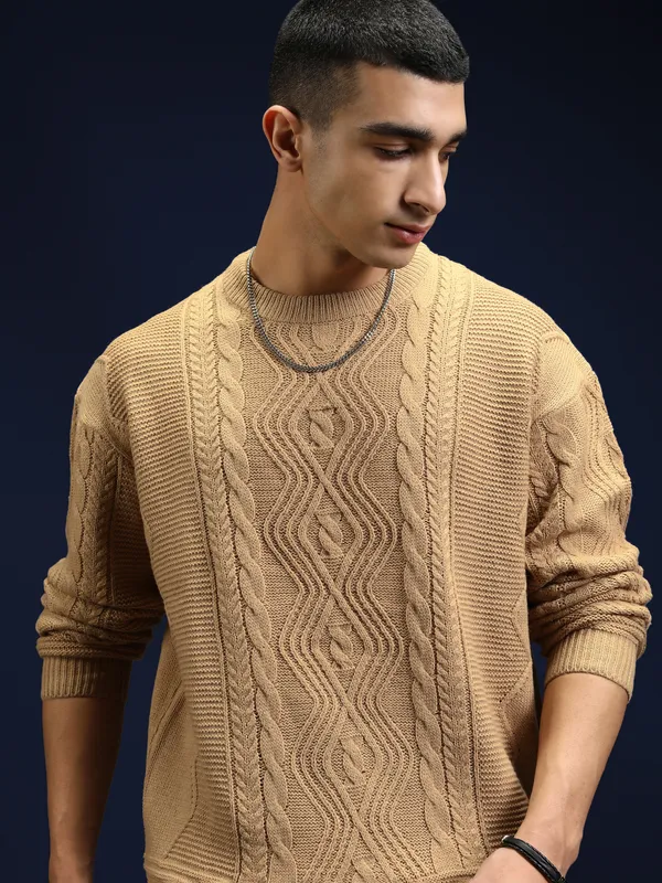 Highlander Men Tan Round Neck Pullover Sweater
