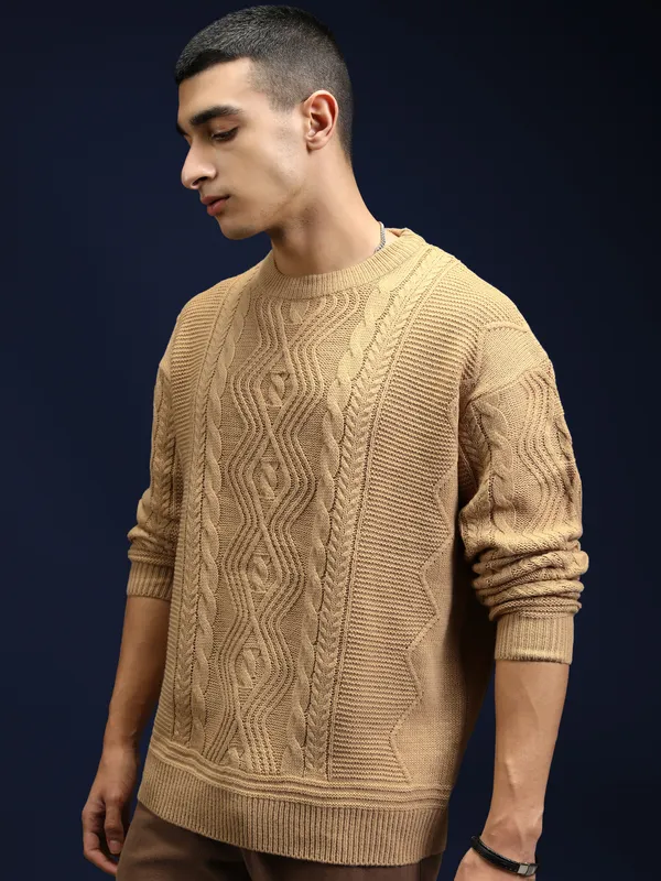 Highlander Men Tan Round Neck Pullover Sweater