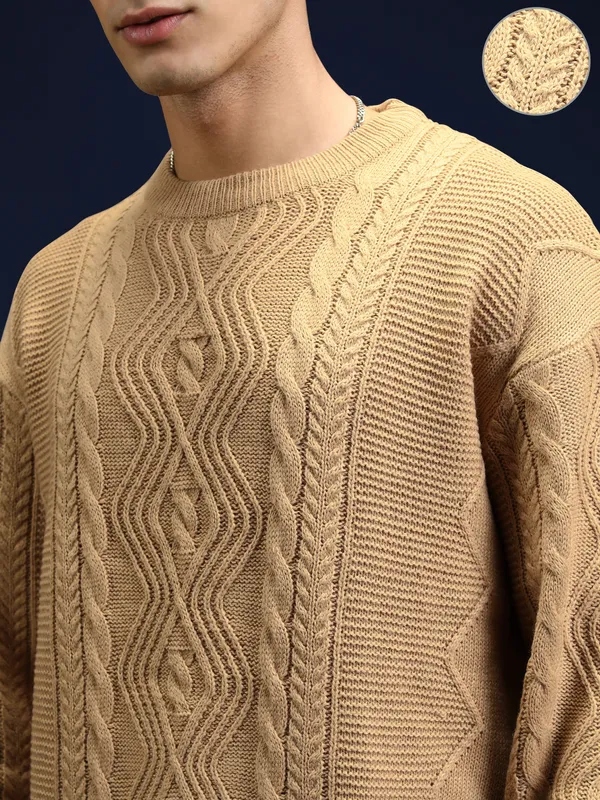 Highlander Men Tan Round Neck Pullover Sweater
