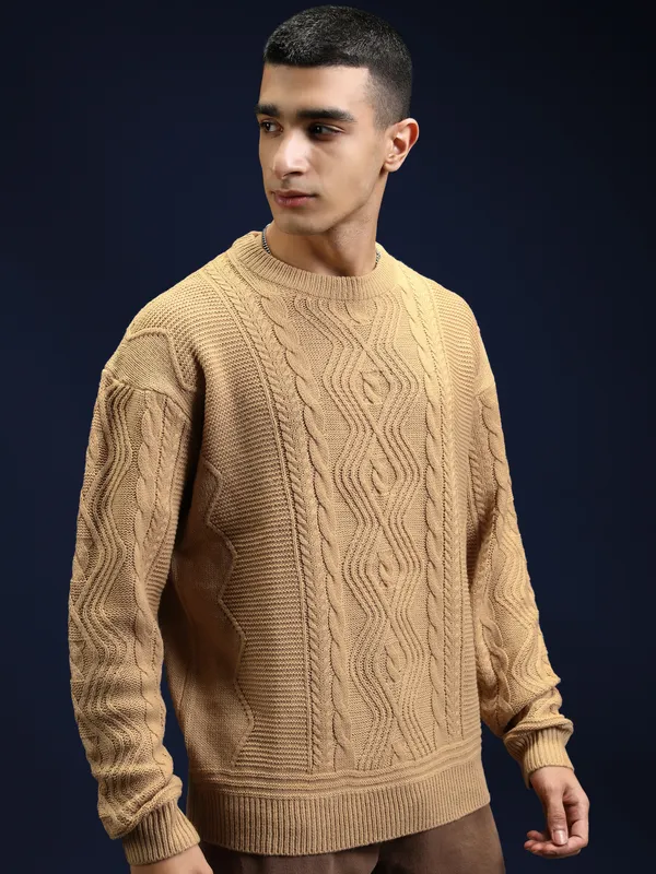 Highlander Men Tan Round Neck Pullover Sweater