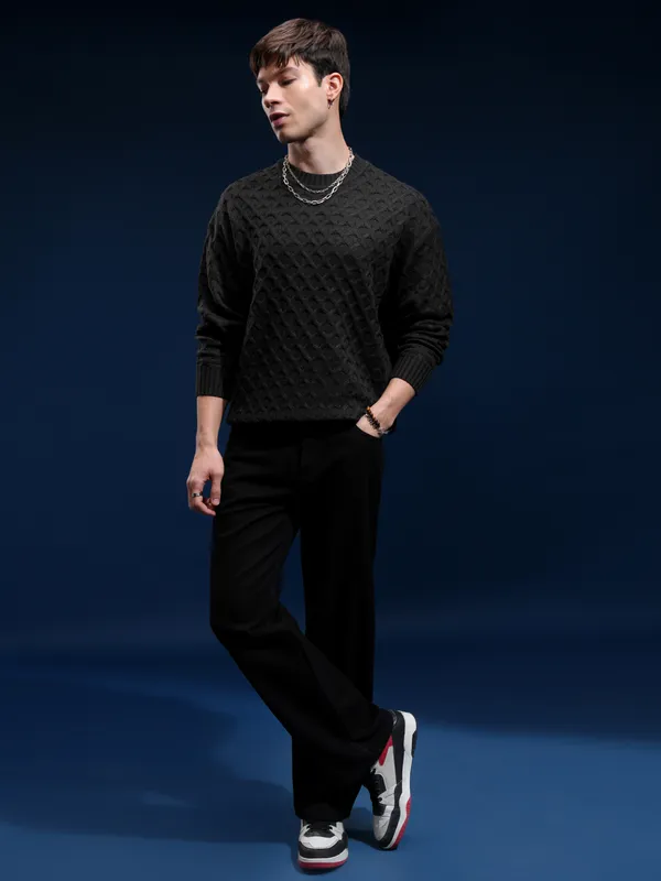 Highlander Men Black Round Neck Pullover Sweater