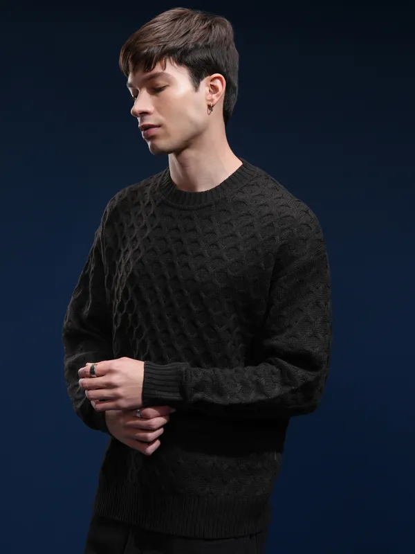 Highlander Men Black Round Neck Pullover Sweater