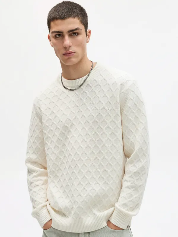 Highlander Men Off White Round Neck Pullover Sweater