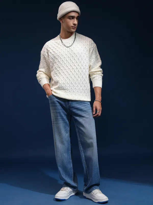 Highlander Men Off White Round Neck Pullover Sweater