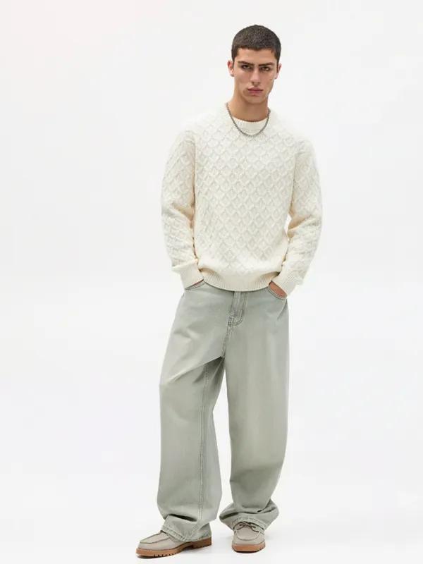 Highlander Men Off White Round Neck Pullover Sweater