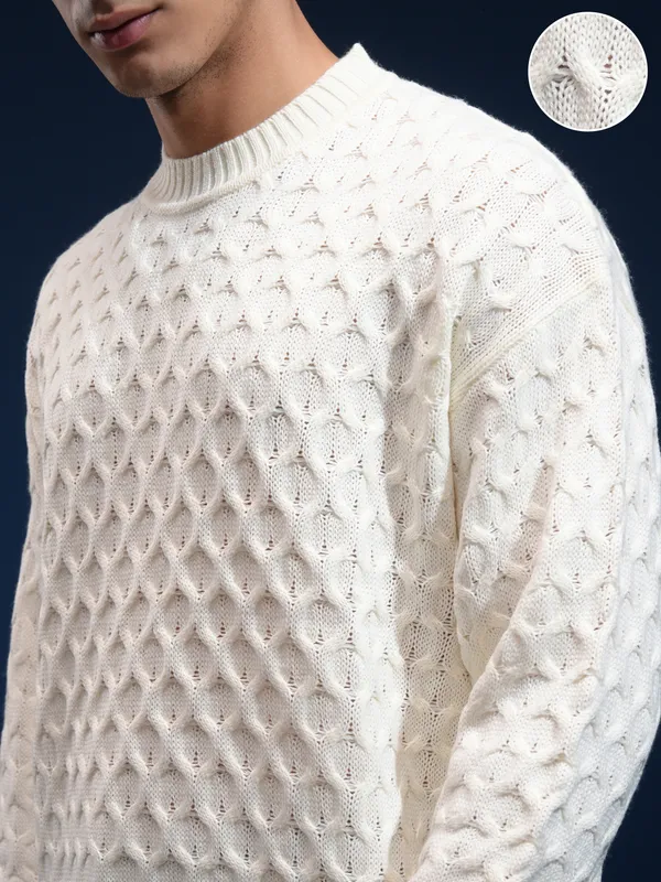Highlander Men Off White Round Neck Pullover Sweater