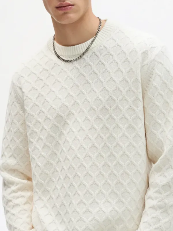 Highlander Men Off White Round Neck Pullover Sweater
