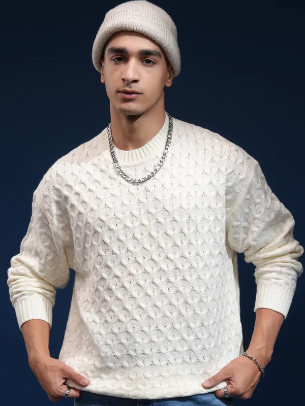 Highlander Men Off White Round Neck Pullover Sweater