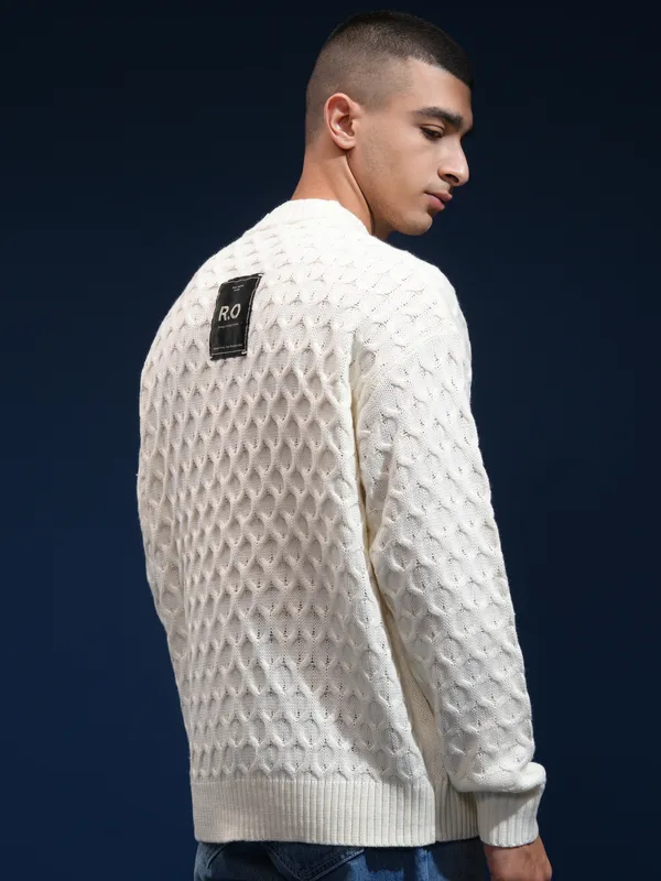Highlander Men Off White Round Neck Pullover Sweater