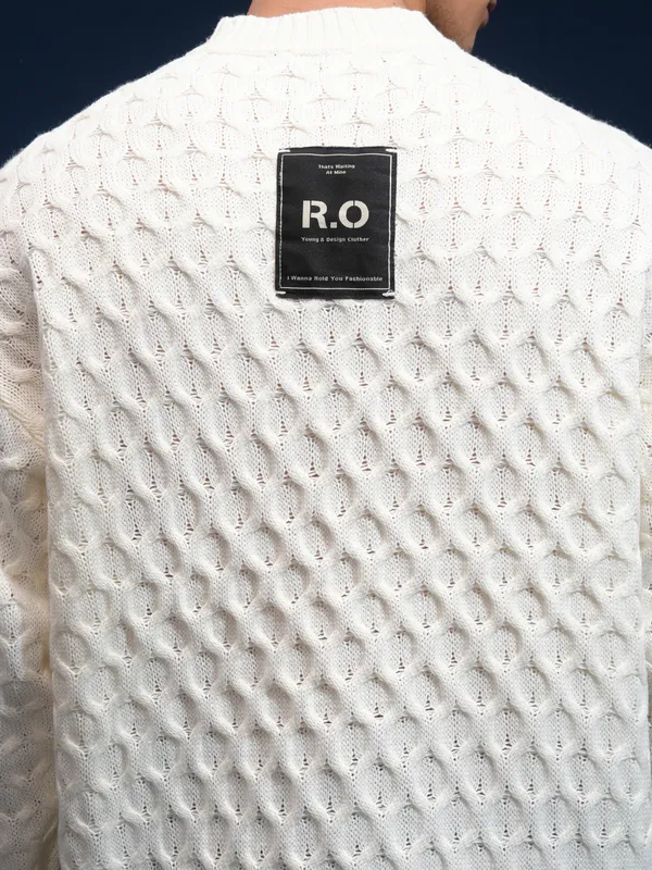 Highlander Men Off White Round Neck Pullover Sweater