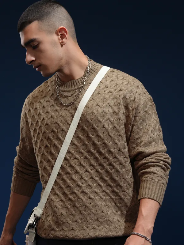Highlander Men Brown Round Neck Oversized Fit Sweater