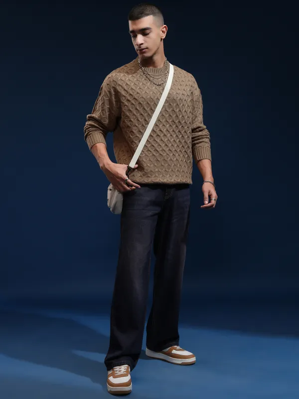 Highlander Men Brown Round Neck Oversized Fit Sweater