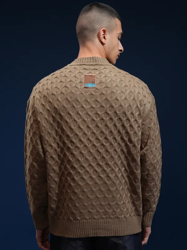 Highlander Men Brown Round Neck Oversized Fit Sweater