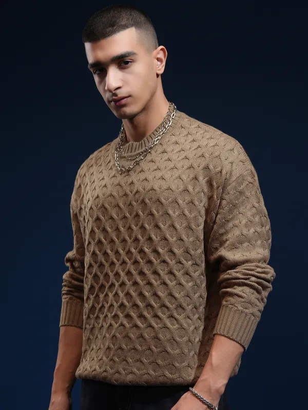 Highlander Men Brown Round Neck Oversized Fit Sweater