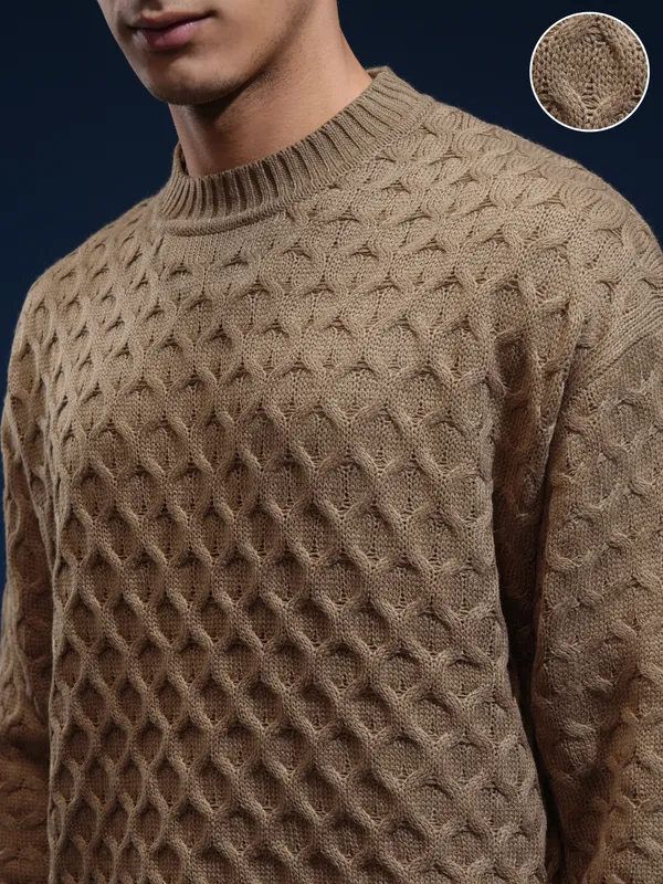 Highlander Men Brown Round Neck Oversized Fit Sweater