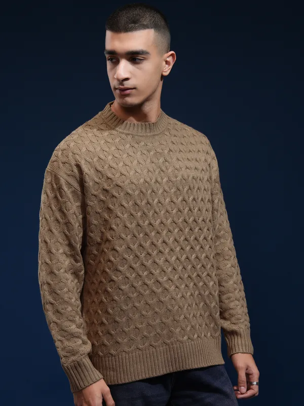 Highlander Men Brown Round Neck Oversized Fit Sweater