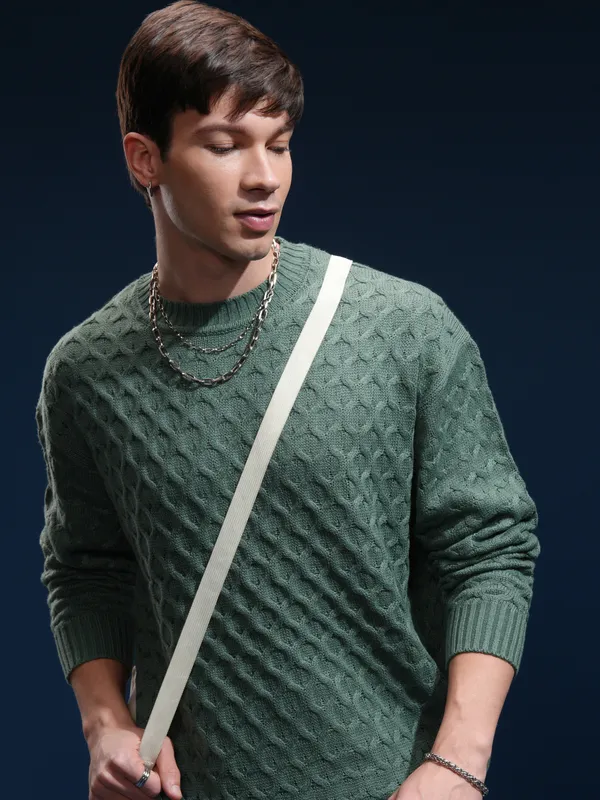 Highlander Men Green Round Neck Pullover Sweater