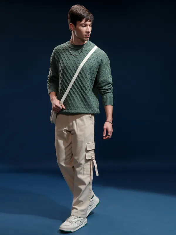 Highlander Men Green Round Neck Pullover Sweater