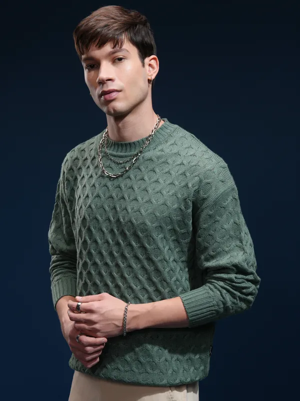 Highlander Men Green Round Neck Pullover Sweater