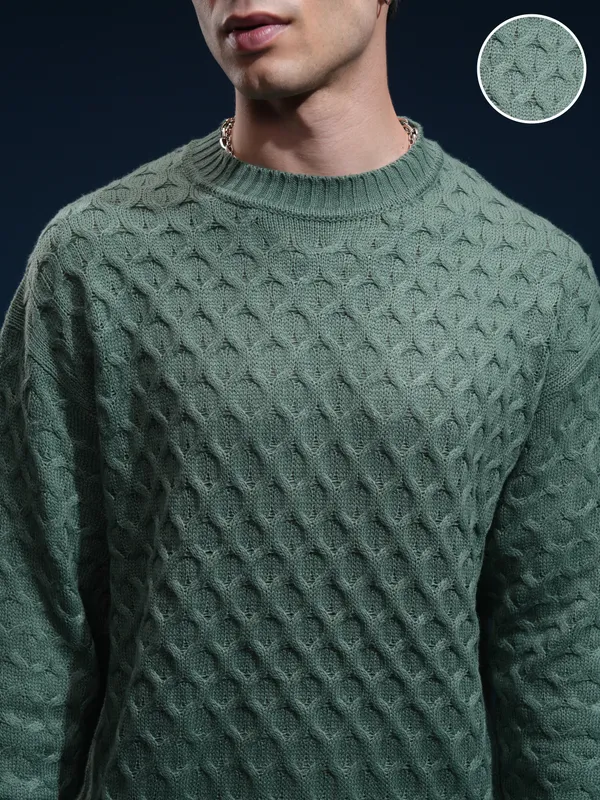 Highlander Men Green Round Neck Pullover Sweater