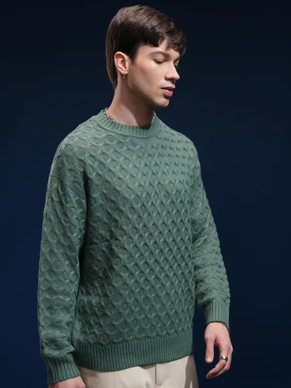 Highlander Men Green Round Neck Pullover Sweater
