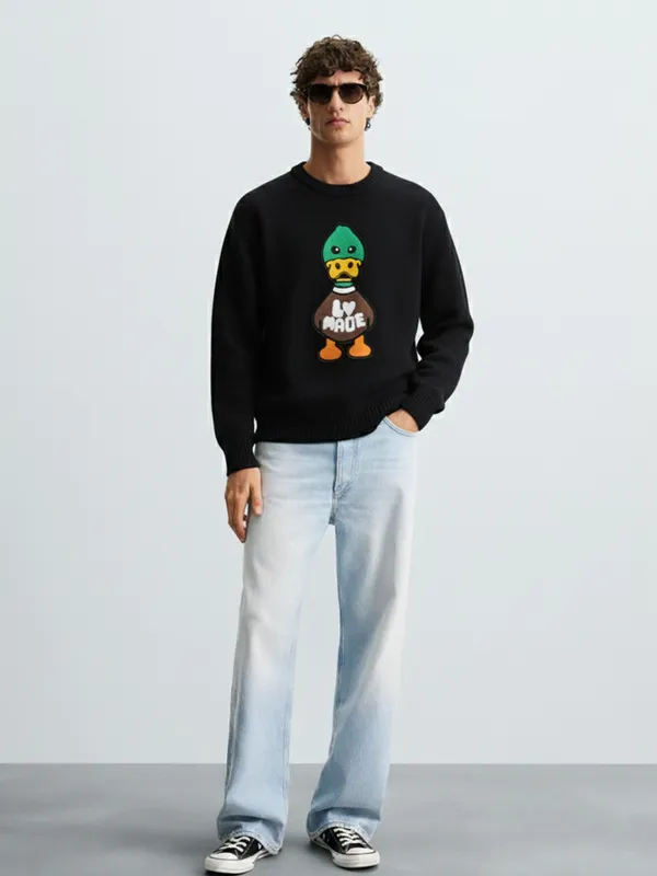 Highlander Men Black Round Neck Pullover Sweater