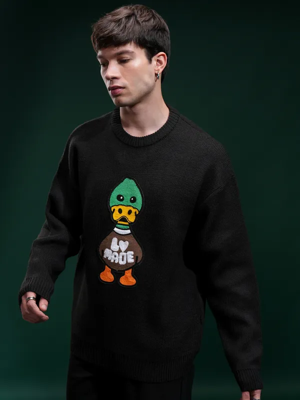 Highlander Men Black Round Neck Pullover Sweater