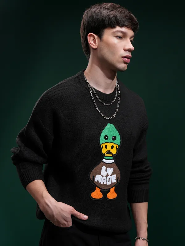 Highlander Men Black Round Neck Pullover Sweater